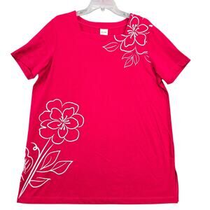 Blair Red White Floral Shirt Short Sleeve Tee Scoop Neck Casual Top Women Size L